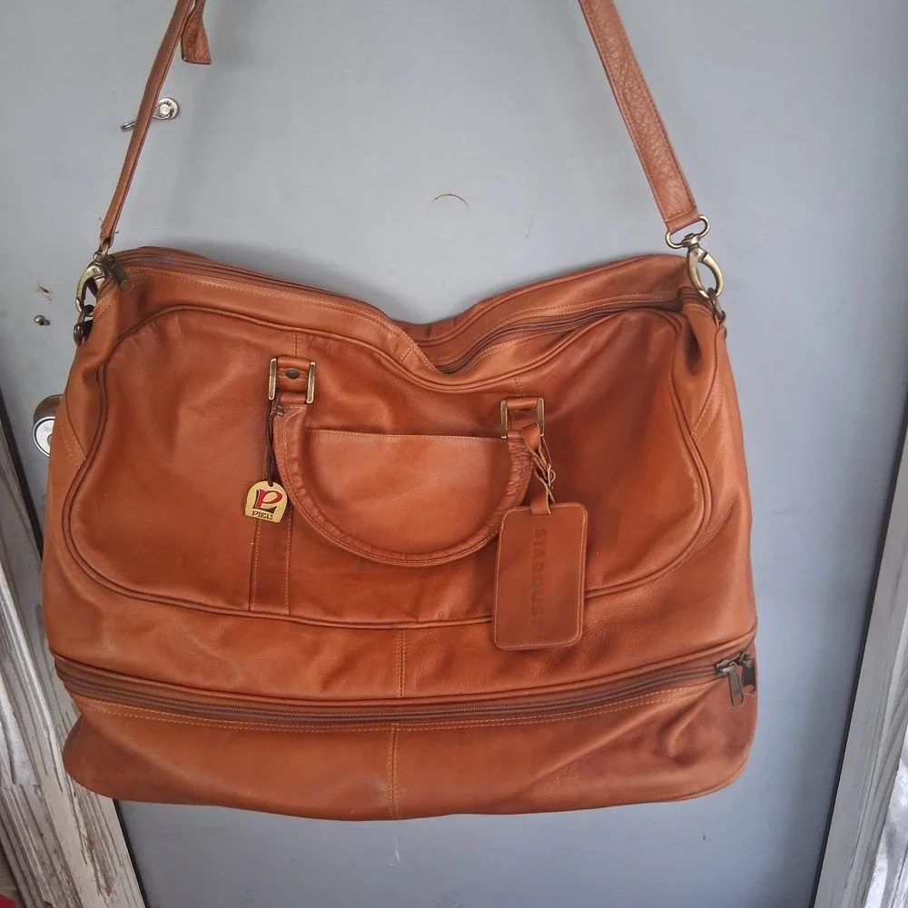 Piel Leather Large Duffel Weekender Bag Saddle Cognac Brown stardust